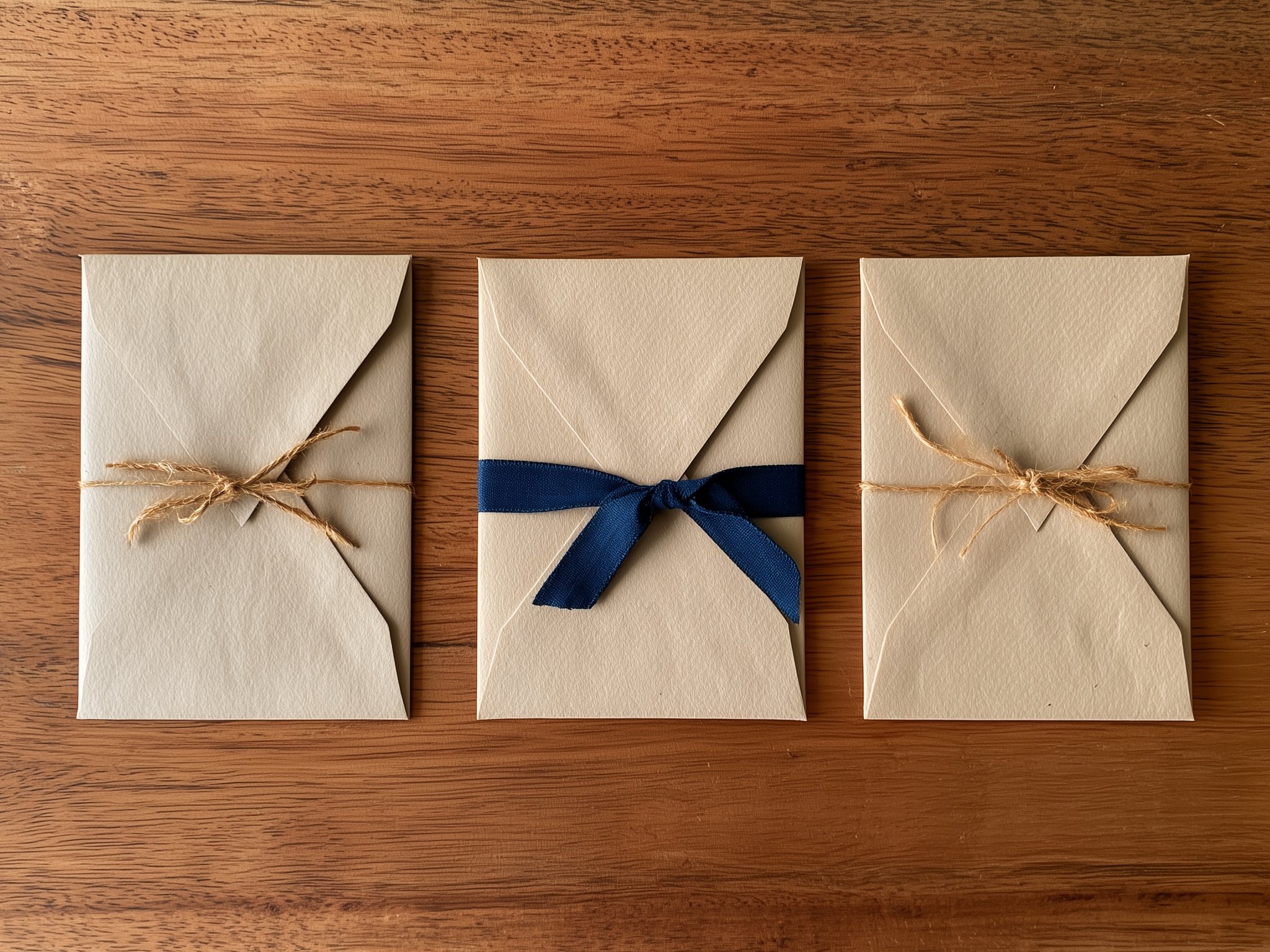 Three small envelopes tied with string on a wooden table