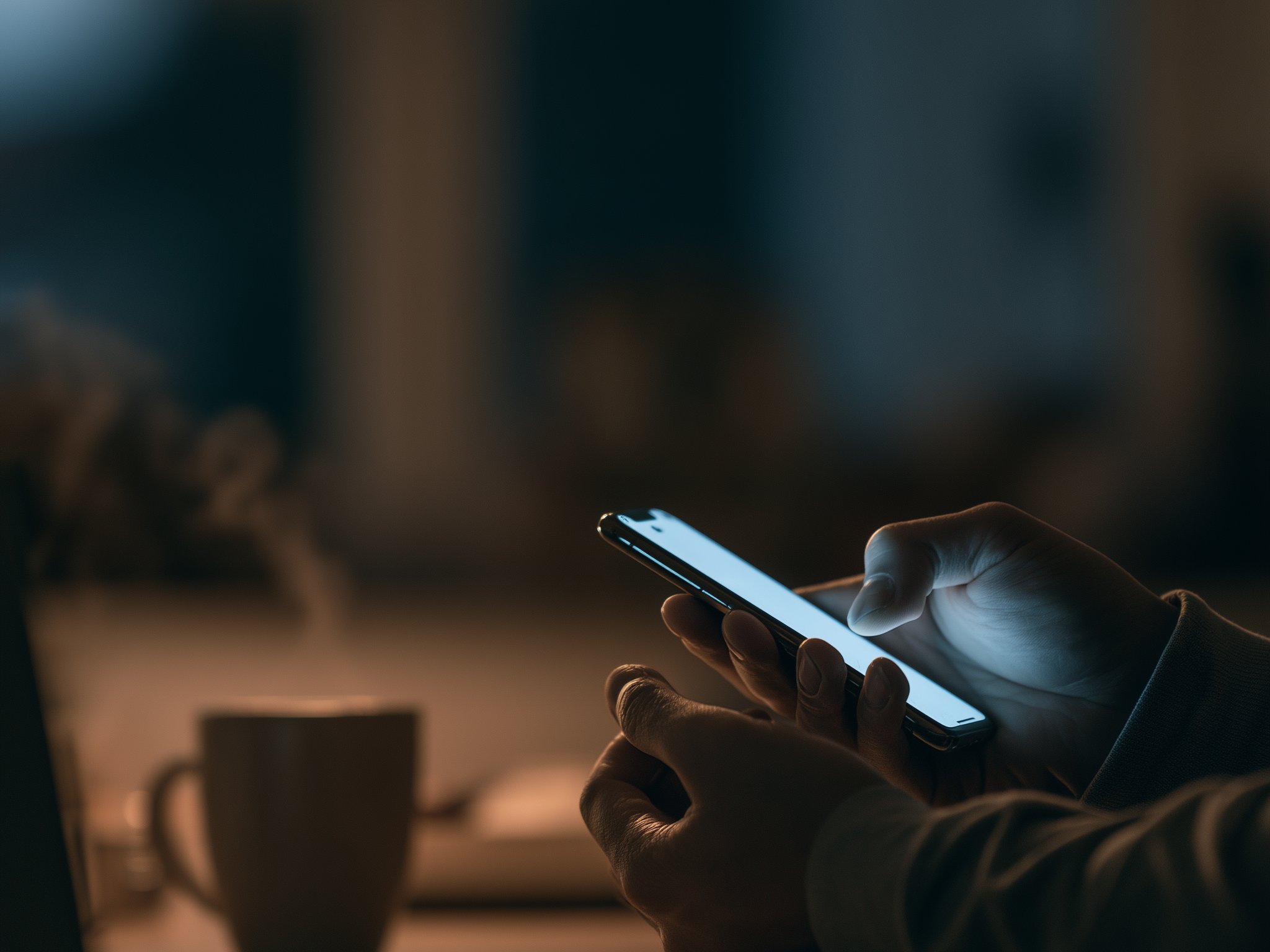 A hand holding a phone at a kitchen table in the evening