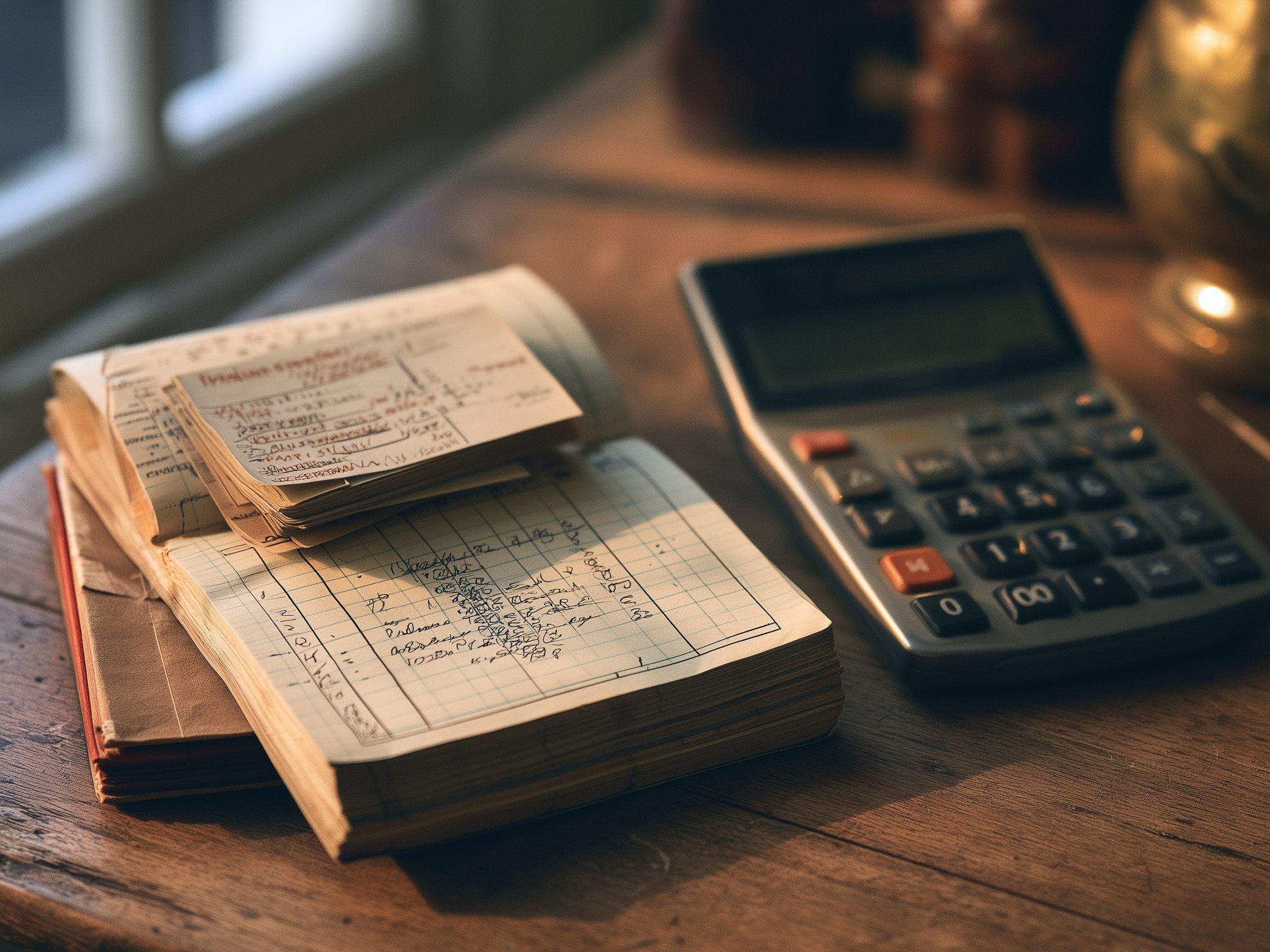 A hand-written raffle ticket book beside a calculator
