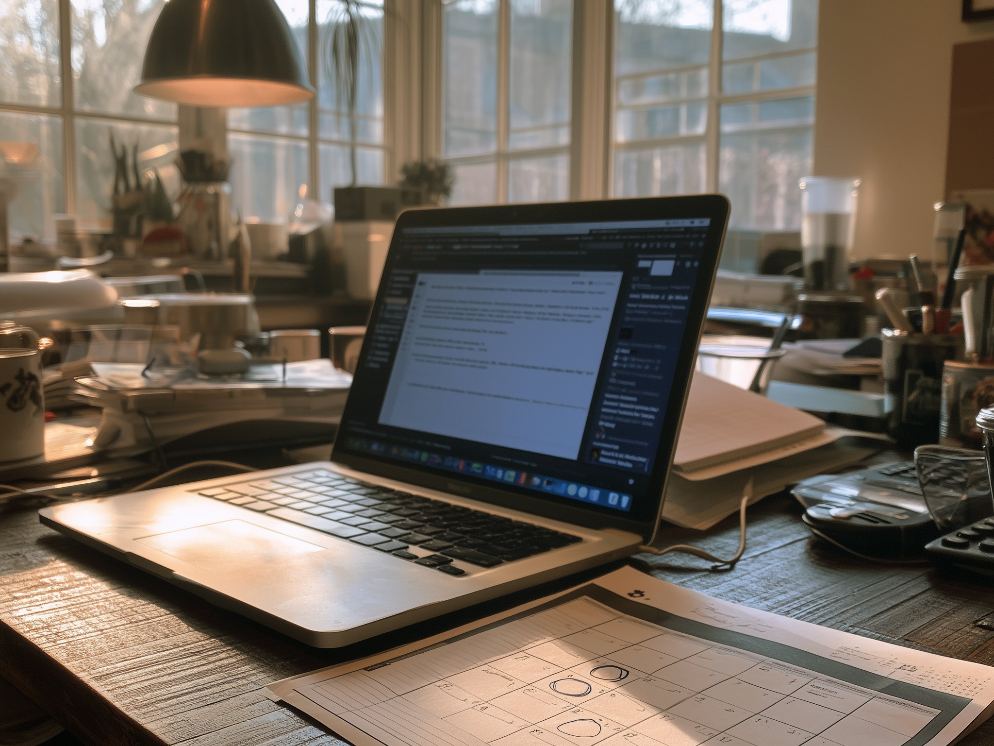 A laptop and a printed calendar with days circled in pen